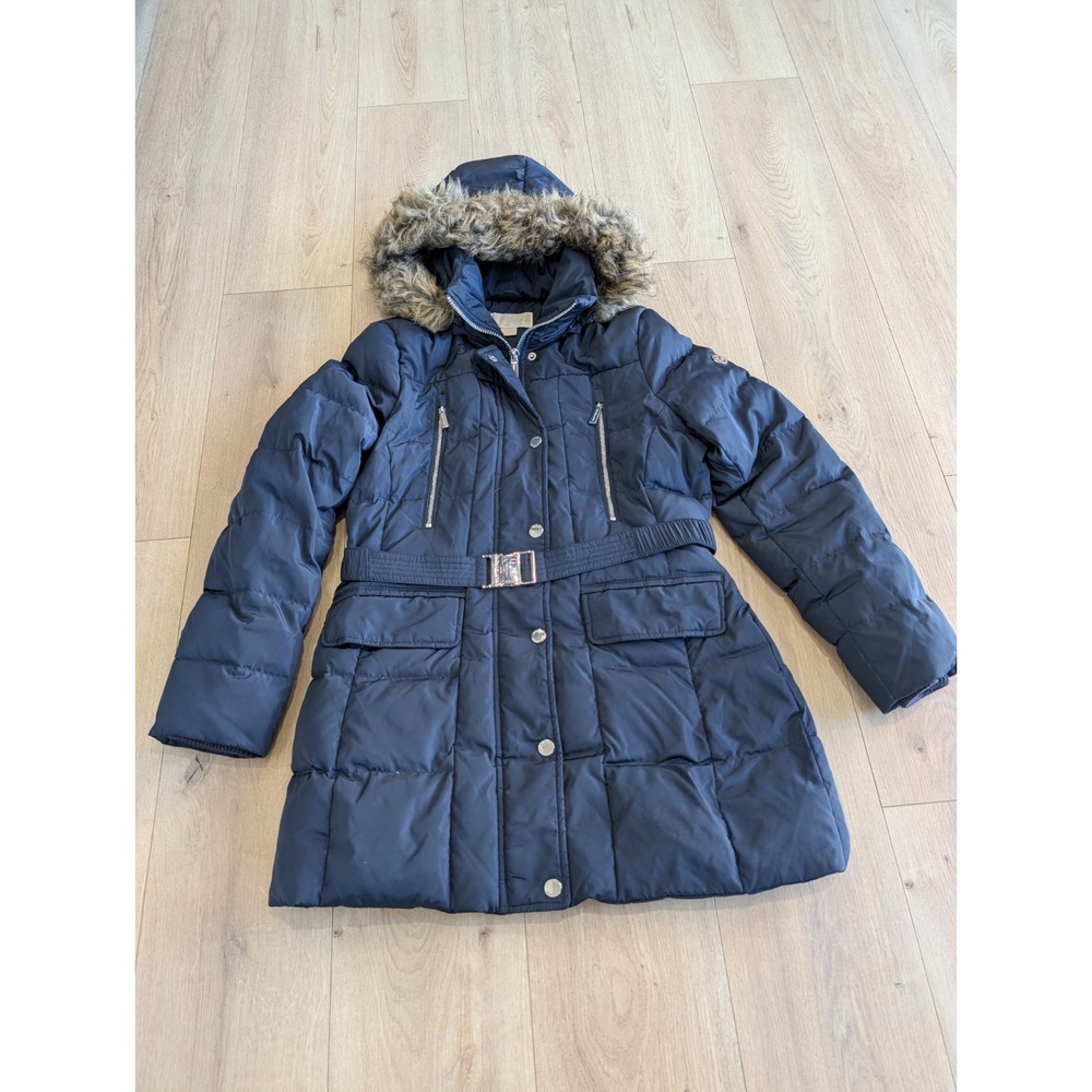 Michael Kors Womens Down Faux Fur Hood Puffer Quilted Coat Belted Parka Size M